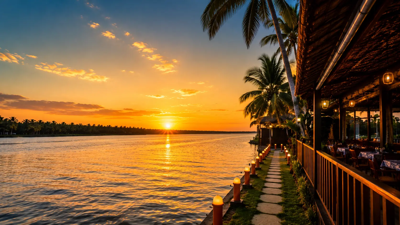 Speedboat approaching the Mangrove Retreat jetty at sunset